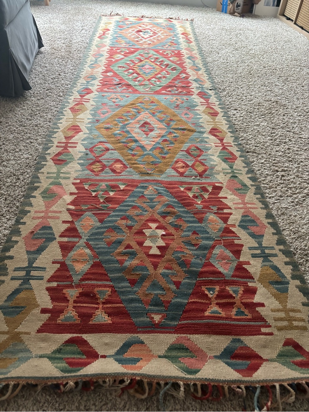 Handwoven Geometric Kilim Runner Rug - Multicolor nwot Navajo wool